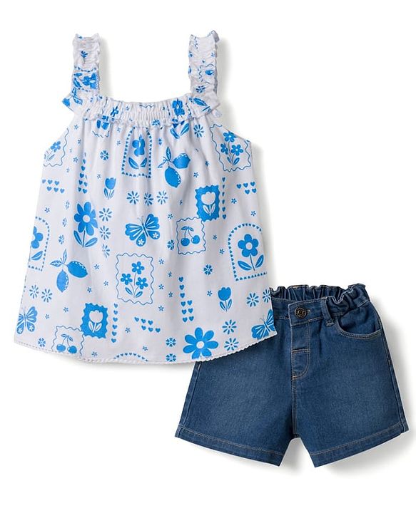 Babyhug Single Jersey Knit Frill Sleeves Top & Denim Shorts Set with Floral Print - Blue & White