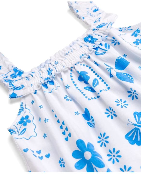 Babyhug Single Jersey Knit Frill Sleeves Top & Denim Shorts Set with Floral Print - Blue & White