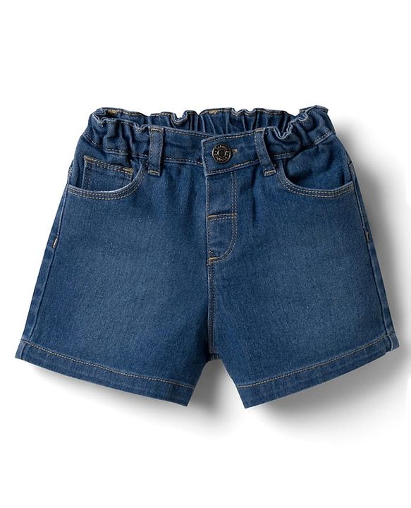 Babyhug Single Jersey Knit Frill Sleeves Top & Denim Shorts Set with Floral Print - Blue & White