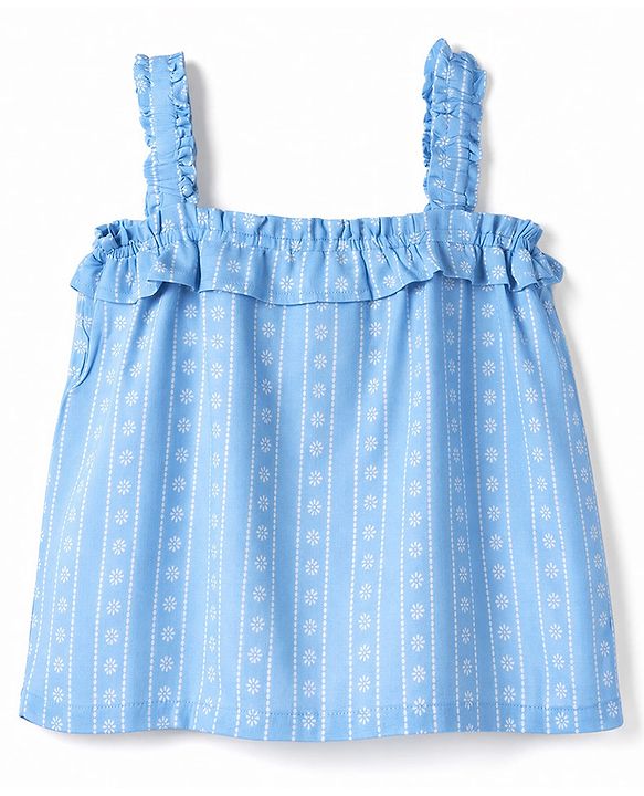 Babyhug Woven Sleeveless Floral Printed & Striped Co-Ords Top & Pant Set - Light Blue