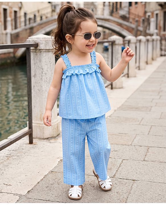 Babyhug Woven Sleeveless Floral Printed & Striped Co-Ords Top & Pant Set - Light Blue