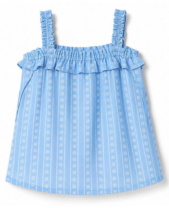 Babyhug Woven Sleeveless Floral Printed & Striped Co-Ords Top & Pant Set - Light Blue