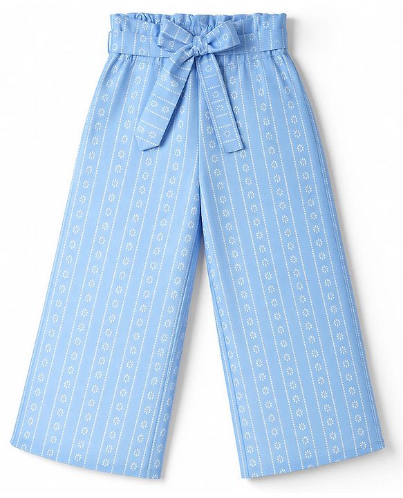 Babyhug Woven Sleeveless Floral Printed & Striped Co-Ords Top & Pant Set - Light Blue