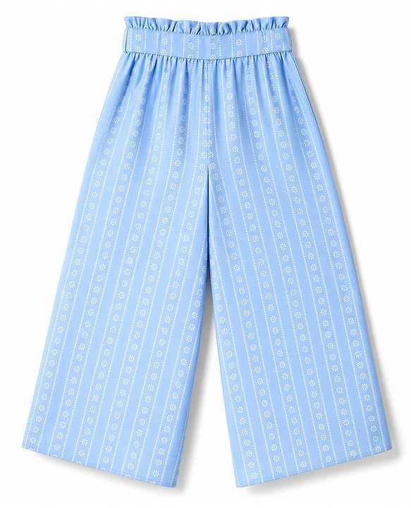 Babyhug Woven Sleeveless Floral Printed & Striped Co-Ords Top & Pant Set - Light Blue