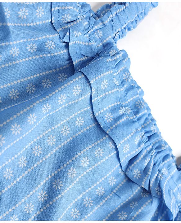 Babyhug Woven Sleeveless Floral Printed & Striped Co-Ords Top & Pant Set - Light Blue