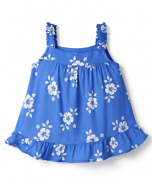 Babyhug Woven Sleeveless Floral Printed Co-Ords Top & Pant Set - Blue
