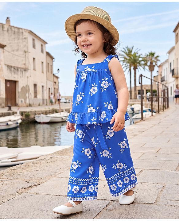 Babyhug Woven Sleeveless Floral Printed Co-Ords Top & Pant Set - Blue
