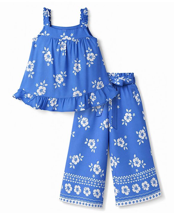 Babyhug Woven Sleeveless Floral Printed Co-Ords Top & Pant Set - Blue