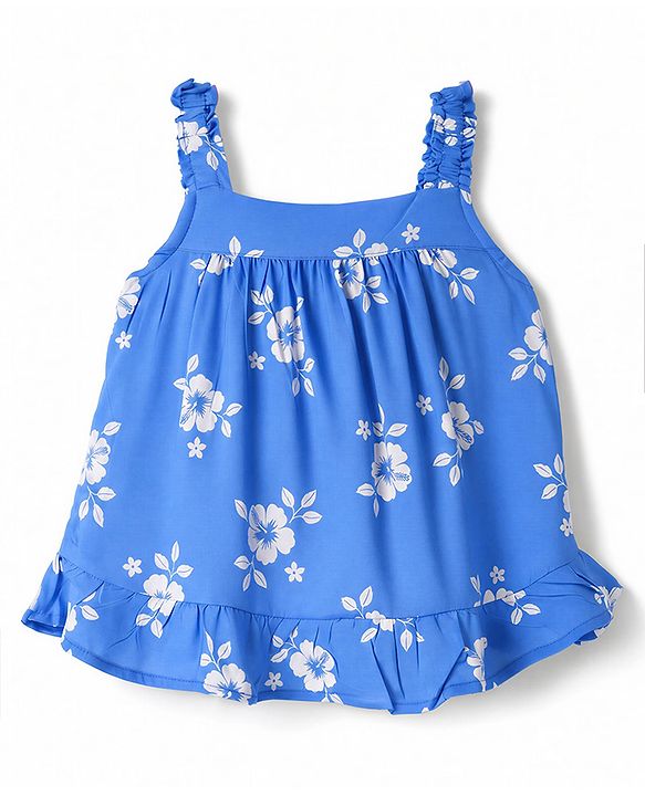Babyhug Woven Sleeveless Floral Printed Co-Ords Top & Pant Set - Blue