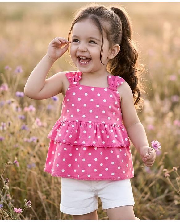 Babyhug Single Jersey Knit Sleeveless Polka Dot Printed Top & Denim Shorts Set - Pink & White