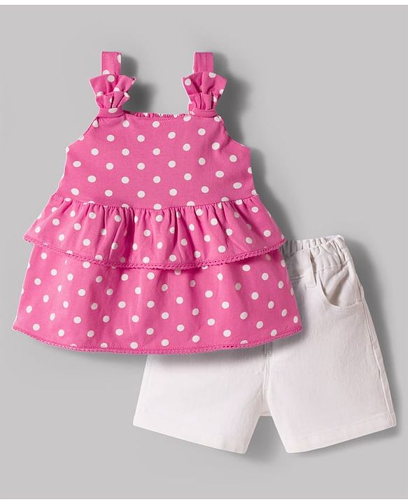 Babyhug Single Jersey Knit Sleeveless Polka Dot Printed Top & Denim Shorts Set - Pink & White
