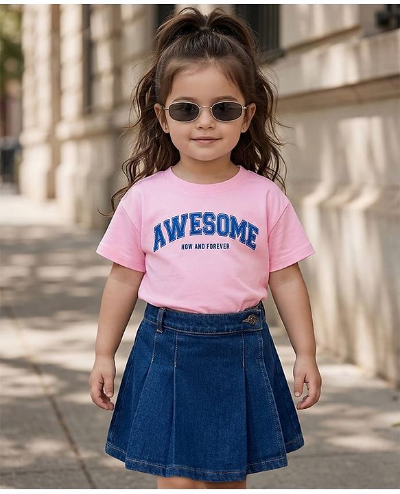 Babyhug Single Jersey Knit Half Sleeves Top & Denim Skirt Set With Awesome Print - Pink & Blue