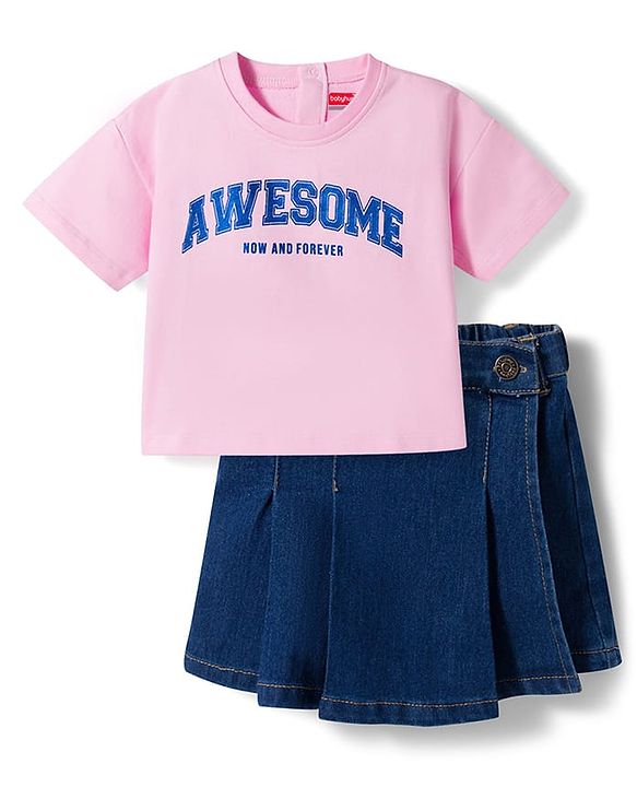 Babyhug Single Jersey Knit Half Sleeves Top & Denim Skirt Set With Awesome Print - Pink & Blue
