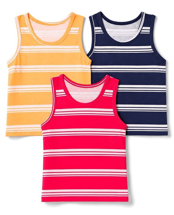 Babyhug 100% Cotton Knit Striped Sleeveless Vests Pack of 3 - Yellow, Navy Blue & Pink
