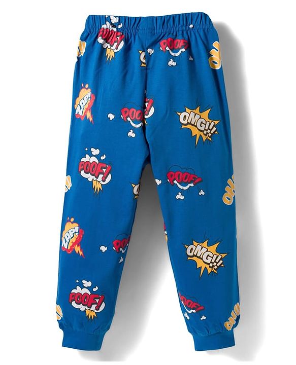 Babyhug Cotton Knit Full Sleeves Text Printed T-Shirt & Pyjama Night Suit - Red & Blue