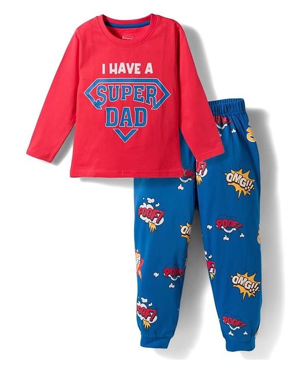 Babyhug Cotton Knit Full Sleeves Text Printed T-Shirt & Pyjama Night Suit - Red & Blue