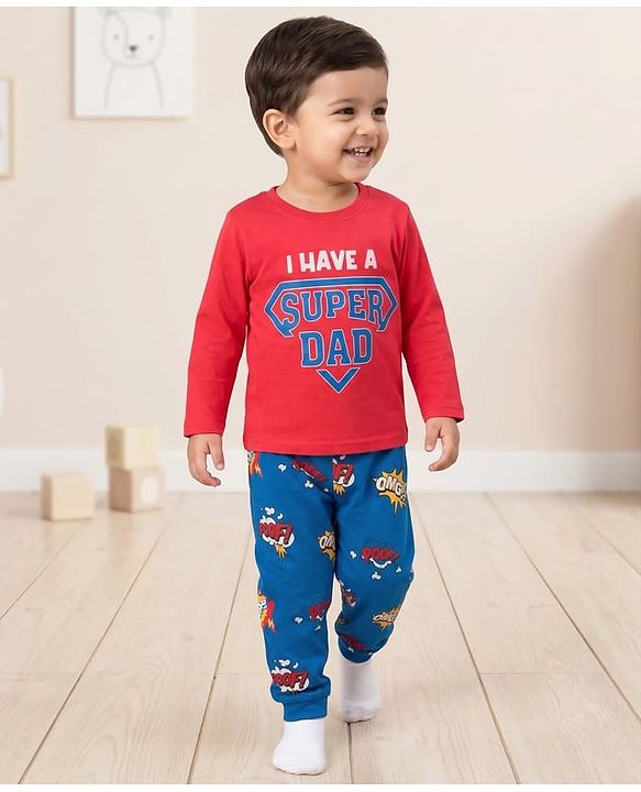 Babyhug Cotton Knit Full Sleeves Text Printed T-Shirt & Pyjama Night Suit - Red & Blue