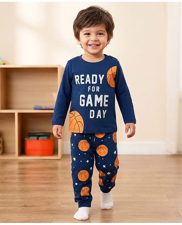 Babyhug Cotton Knit Full Sleeves T-Shirt & Pyjama Night Suit with Basketball Print - Navy Blue