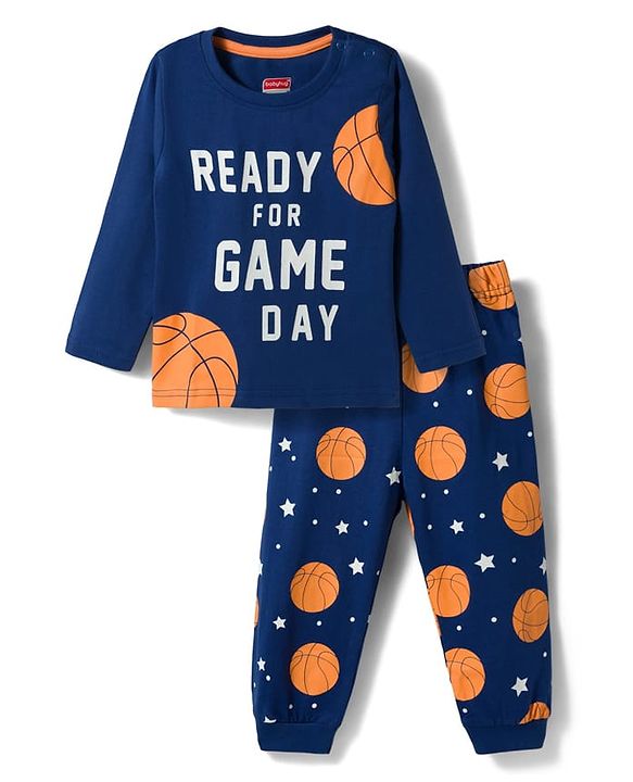 Babyhug Cotton Knit Full Sleeves T-Shirt & Pyjama Night Suit with Basketball Print - Navy Blue