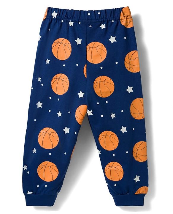 Babyhug Cotton Knit Full Sleeves T-Shirt & Pyjama Night Suit with Basketball Print - Navy Blue