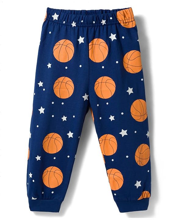 Babyhug Cotton Knit Full Sleeves T-Shirt & Pyjama Night Suit with Basketball Print - Navy Blue