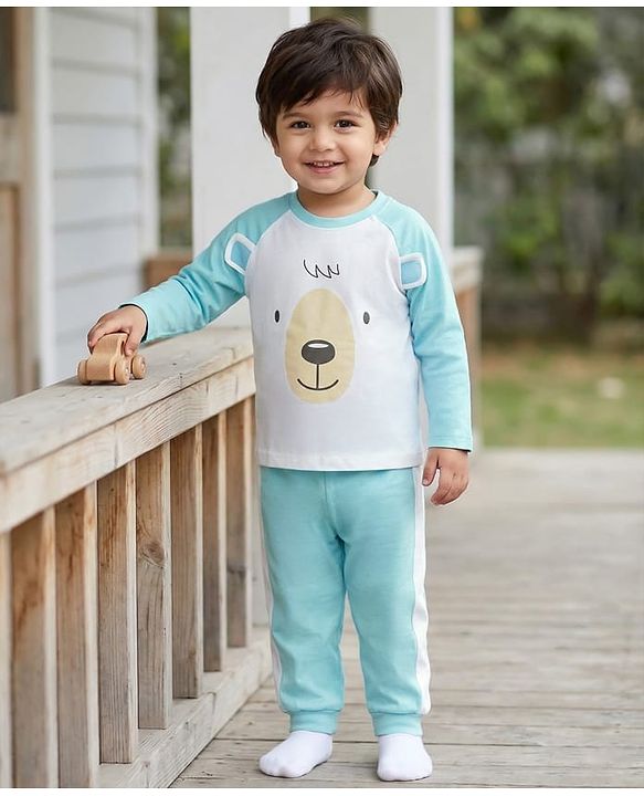 Babyhug Cotton Knit Full Raglan Sleeves T-Shirt & Pyjama Night Suit With Animal Print - Light Blue