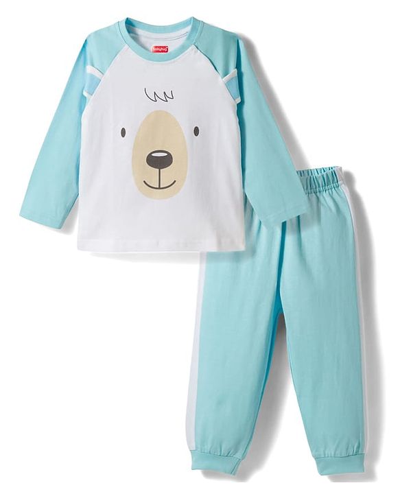 Babyhug Cotton Knit Full Raglan Sleeves T-Shirt & Pyjama Night Suit With Animal Print - Light Blue