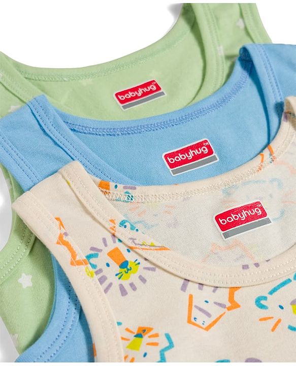 Babyhug 100% Cotton Knit Sleeveless Sando Vests with Animal Print Pack of 3 - Multicolor