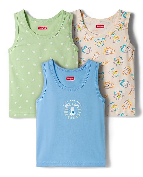 Babyhug 100% Cotton Knit Sleeveless Sando Vests with Animal Print Pack of 3 - Multicolor