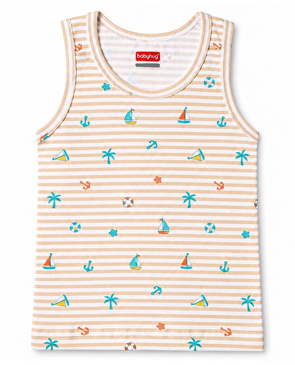 Babyhug 100% Cotton Knit Sleeveless Striped & Nautical Theme Printed Sando Vests Pack Of 3 - Multicolor