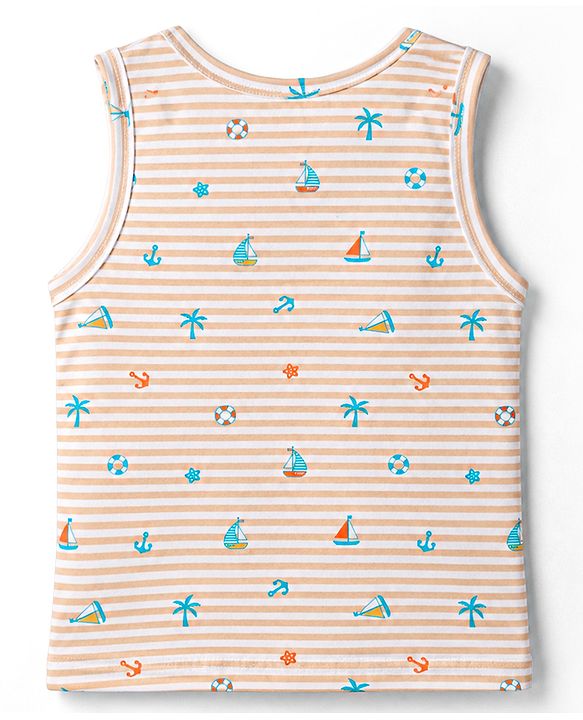 Babyhug 100% Cotton Knit Sleeveless Striped & Nautical Theme Printed Sando Vests Pack Of 3 - Multicolor