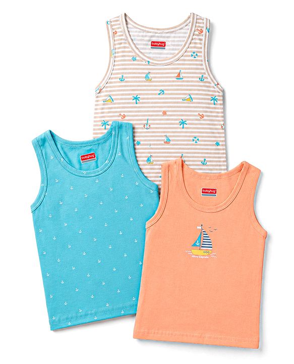 Babyhug 100% Cotton Knit Sleeveless Striped & Nautical Theme Printed Sando Vests Pack Of 3 - Multicolor