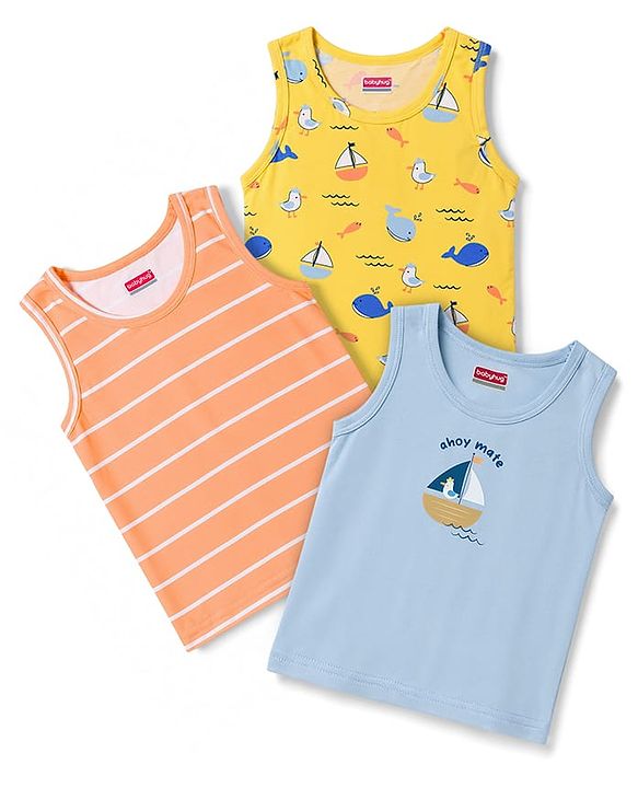 Babyhug Single Jersey Knit Sleeveless Striped & Boat Printed Sando Pack Of 3 - Multicolour