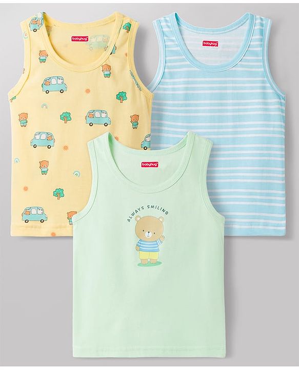 Babyhug 100% Cotton Knit Sleeveless Sando Vests with Car & Teddy Print Pack of 3 - Multicolor
