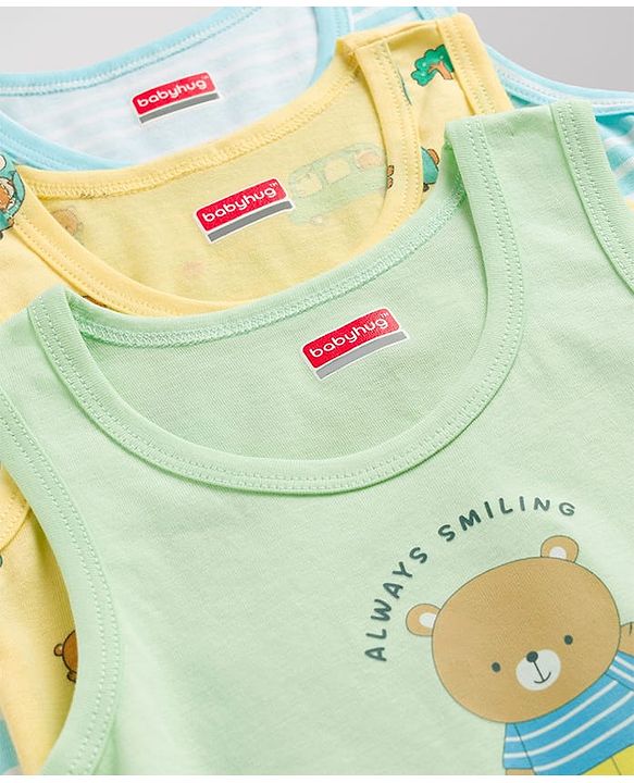 Babyhug 100% Cotton Knit Sleeveless Sando Vests with Car & Teddy Print Pack of 3 - Multicolor