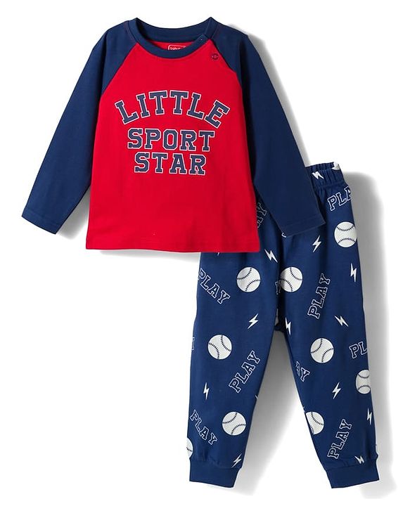 Babyhug Cotton Knit Full Raglan Sleeves Sports Printed T-Shirt & Pyjama Night Suit - Red