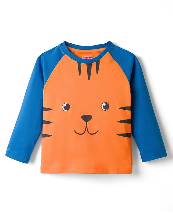 Babyhug Cotton Knit Raglan Full Sleeves T-Shirt & Pyjama Night-Suit With Tiger Print - Orange & Blue