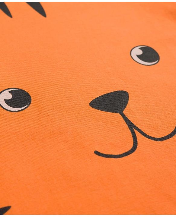 Babyhug Cotton Knit Raglan Full Sleeves T-Shirt & Pyjama Night-Suit With Tiger Print - Orange & Blue