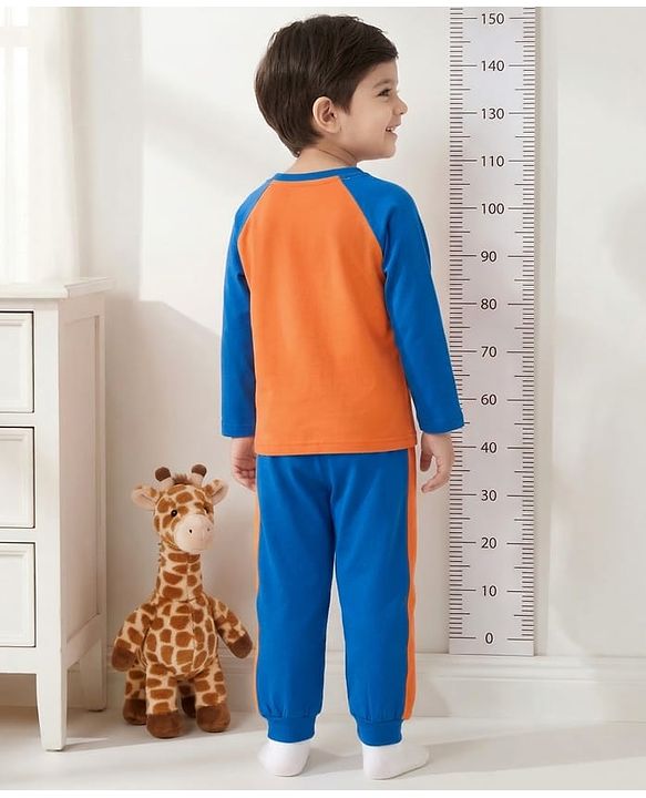 Babyhug Cotton Knit Raglan Full Sleeves T-Shirt & Pyjama Night-Suit With Tiger Print - Orange & Blue