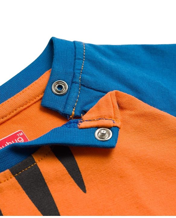 Babyhug Cotton Knit Raglan Full Sleeves T-Shirt & Pyjama Night-Suit With Tiger Print - Orange & Blue