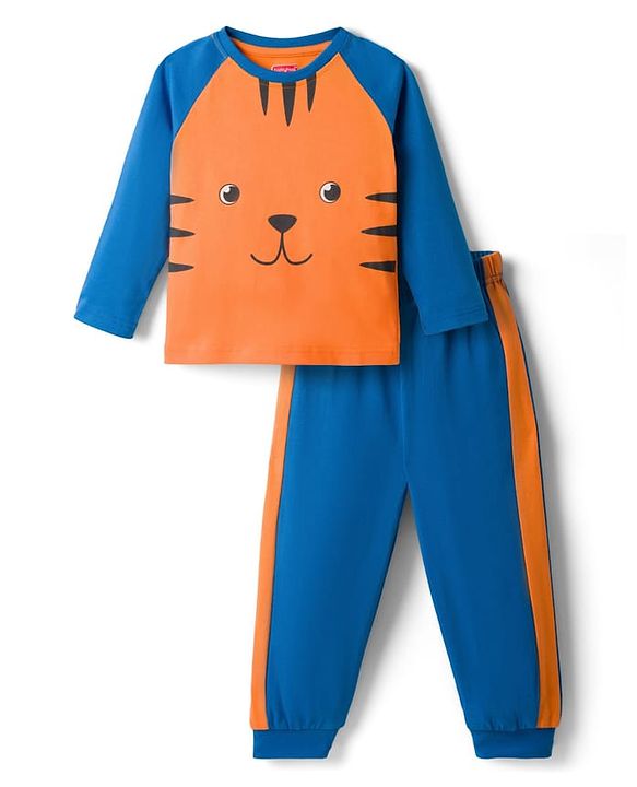 Babyhug Cotton Knit Raglan Full Sleeves T-Shirt & Pyjama Night-Suit With Tiger Print - Orange & Blue