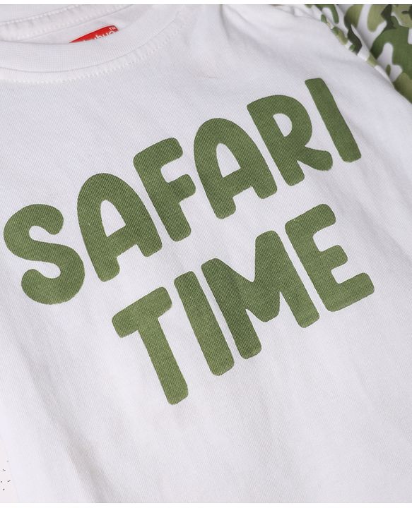 Babyhug Cotton Knit Half Raglan Sleeves Safari Theme & Camouflage Printed T-Shirt & Shorts Night Suit - White & Olive Green