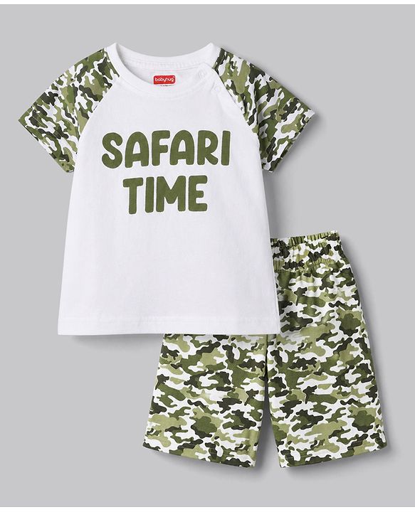 Babyhug Cotton Knit Half Raglan Sleeves Safari Theme & Camouflage Printed T-Shirt & Shorts Night Suit - White & Olive Green