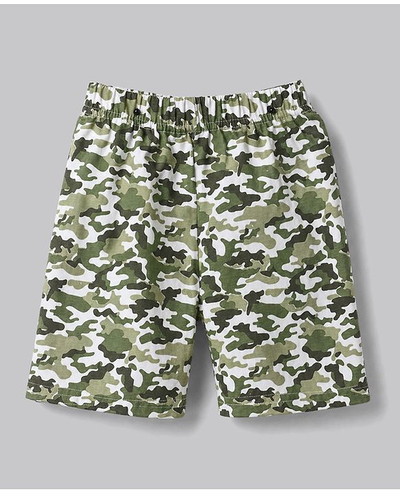 Babyhug Cotton Knit Half Raglan Sleeves Safari Theme & Camouflage Printed T-Shirt & Shorts Night Suit - White & Olive Green