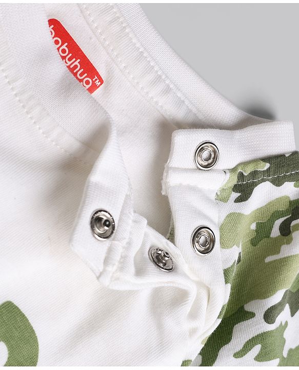 Babyhug Cotton Knit Half Raglan Sleeves Safari Theme & Camouflage Printed T-Shirt & Shorts Night Suit - White & Olive Green