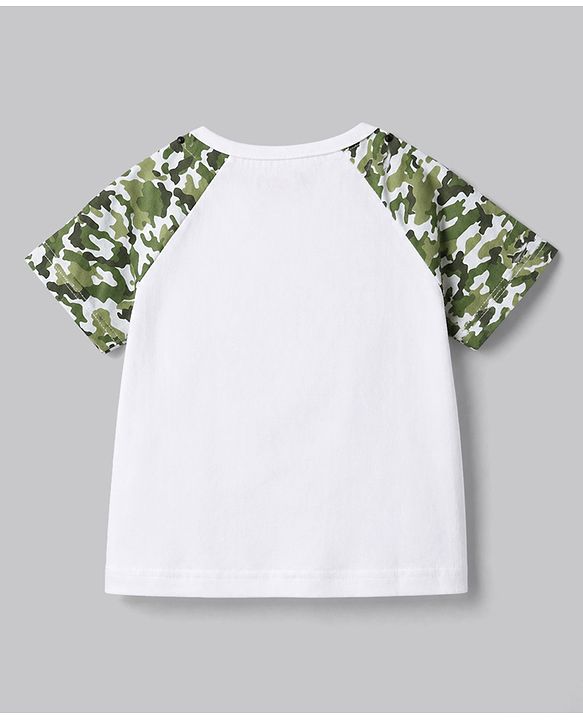 Babyhug Cotton Knit Half Raglan Sleeves Safari Theme & Camouflage Printed T-Shirt & Shorts Night Suit - White & Olive Green