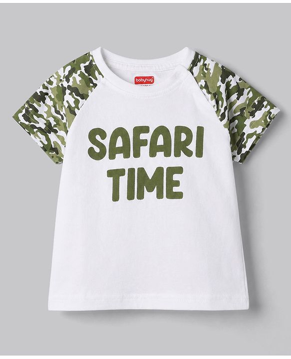 Babyhug Cotton Knit Half Raglan Sleeves Safari Theme & Camouflage Printed T-Shirt & Shorts Night Suit - White & Olive Green