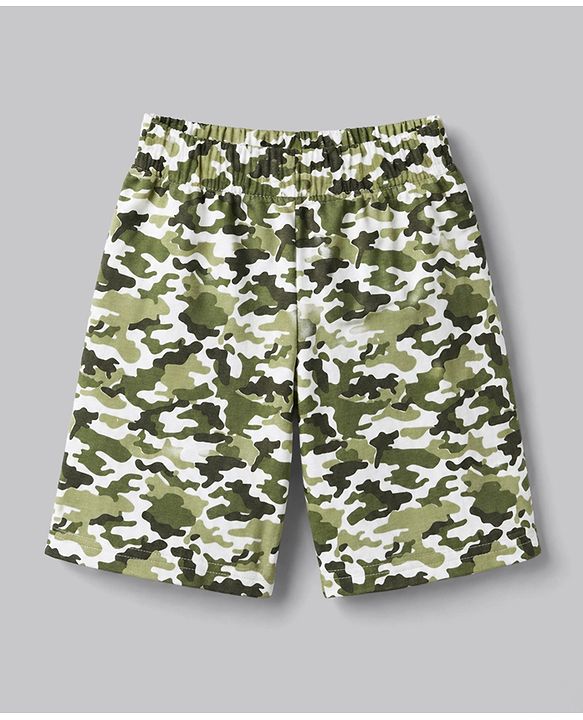 Babyhug Cotton Knit Half Raglan Sleeves Safari Theme & Camouflage Printed T-Shirt & Shorts Night Suit - White & Olive Green