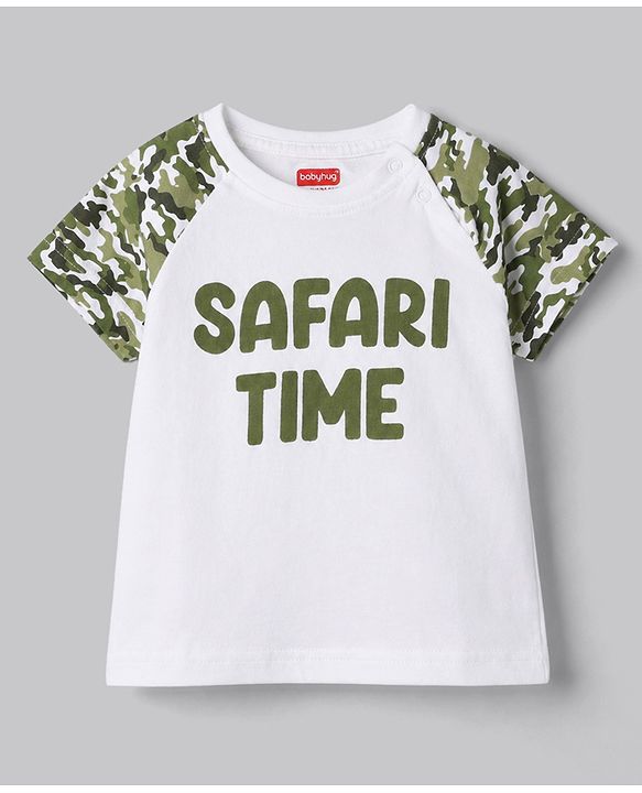 Babyhug Cotton Knit Half Raglan Sleeves Safari Theme & Camouflage Printed T-Shirt & Shorts Night Suit - White & Olive Green