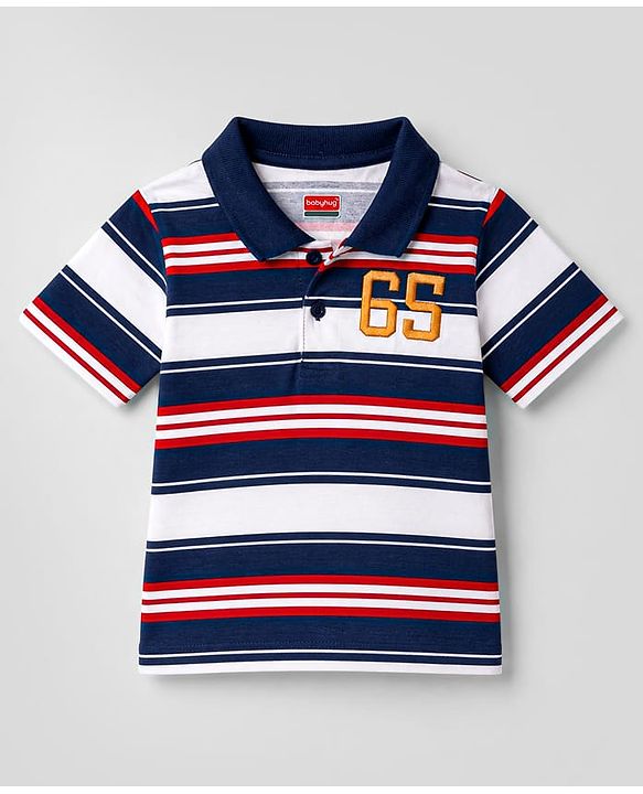 Babyhug Cotton Knit Striped Polo T-Shirt with Number Embroidered  - Navy